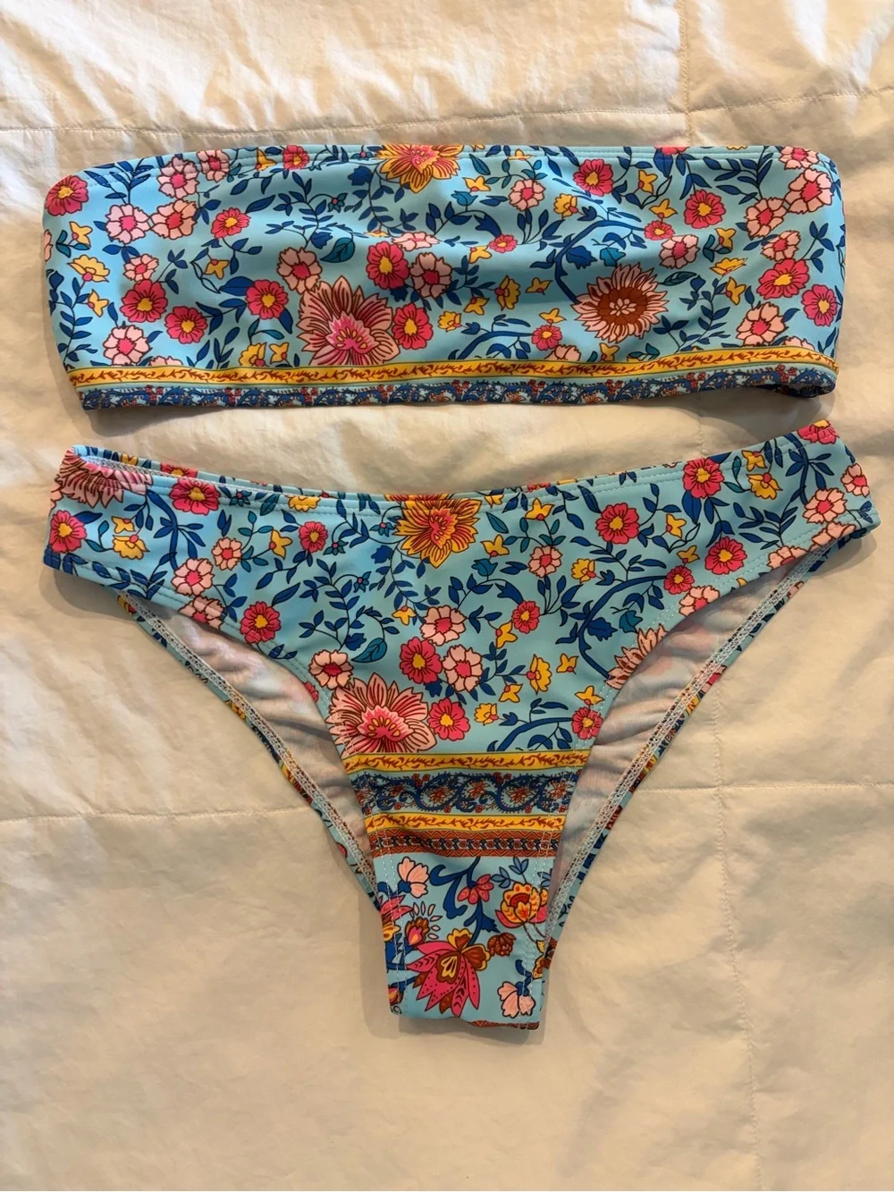 Floral Bandeau Bikini Set with Matching Sheer Robe - Blue Multi